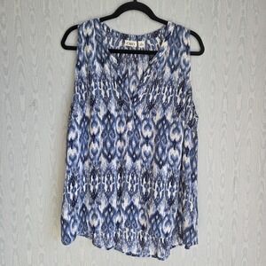 Cato Womens XL Swing Tank Top Blue White Ikat Abstract Flowy Rayon Boho Fairy